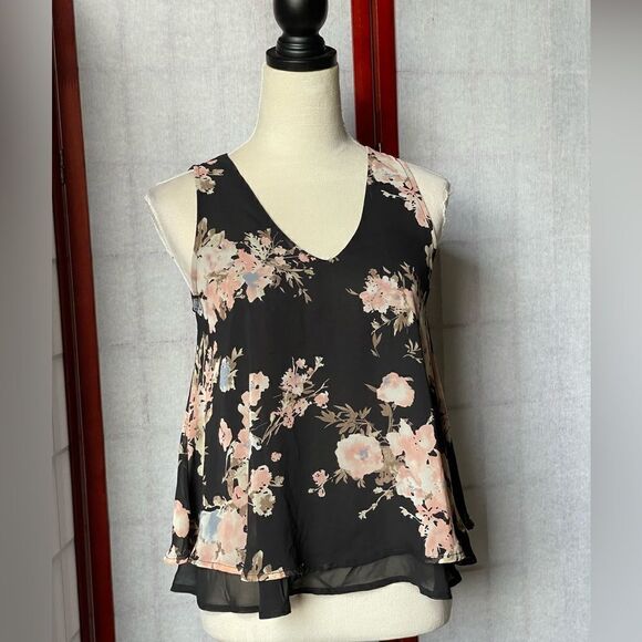 Sienna Sky Black Layered Chiffon Sleeveless Blouse w/Floral Print (Size: XS) - Picture 4 of 8